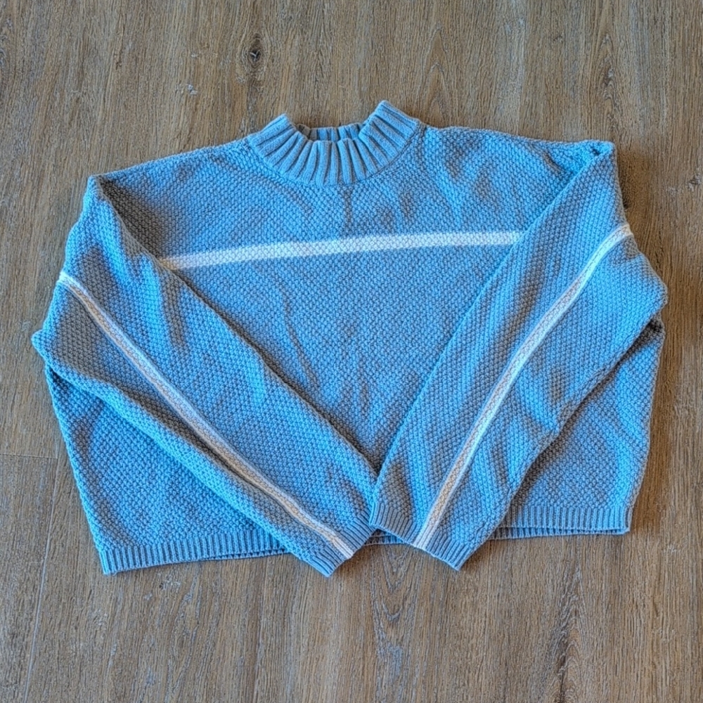 Blue Textured With White Stripe Women's Knit Sweater-M
